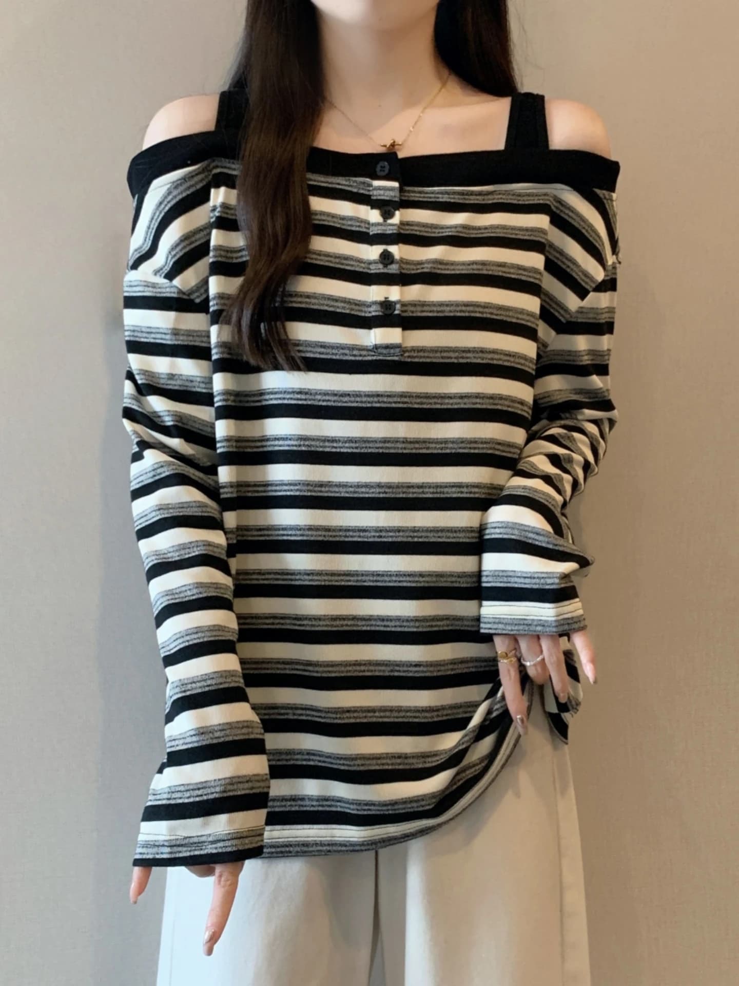 Slimming Striped Long Sleeve T-Shirt Women's Base Shirt Spring Autumn plus Size Conceal Belly Design One Shoulder Exposure Top