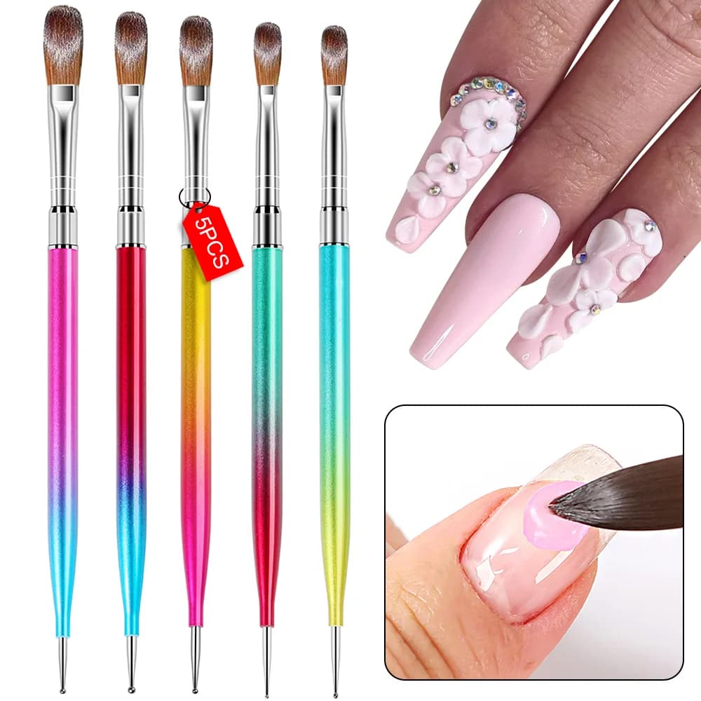 Set di 5 Pennelli per Nail Art: Pennelli per Disegno, Pittura, Intaglio, Punteggiatura, Pennello Piatto, Pennello a Ventaglio, Pennello Liner per Gel Acrilico, Strumenti Fai-da-Te per Nail Art