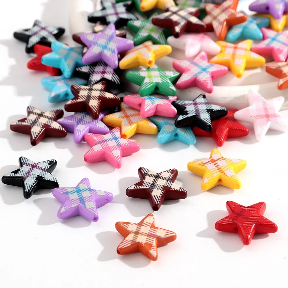 10pcs Colorful Grid Pattern Acrylic Star Spacer Loose Beads Charms for DIY Bracelet Necklace Phone Key Chain Jewelry Accessories