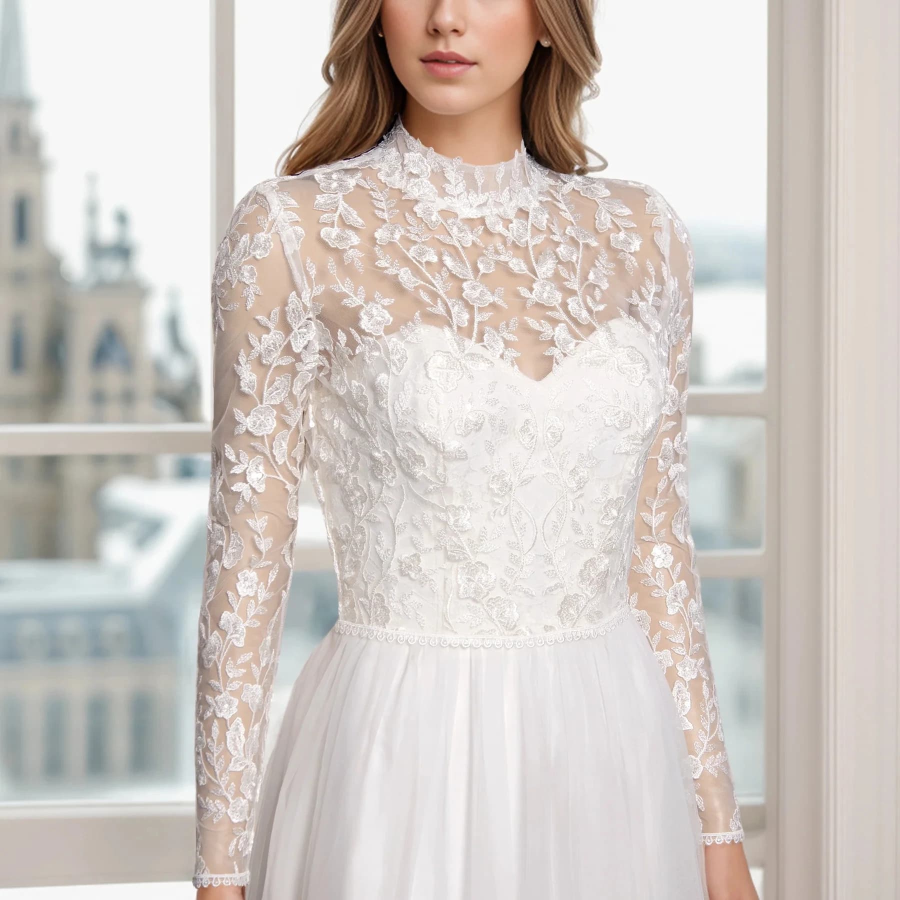 Bolero da Sposa Personalizzato in Pizzo a Maniche Lunghe con Collo Alto, Coprispalle Elegante da Donna per Sposa