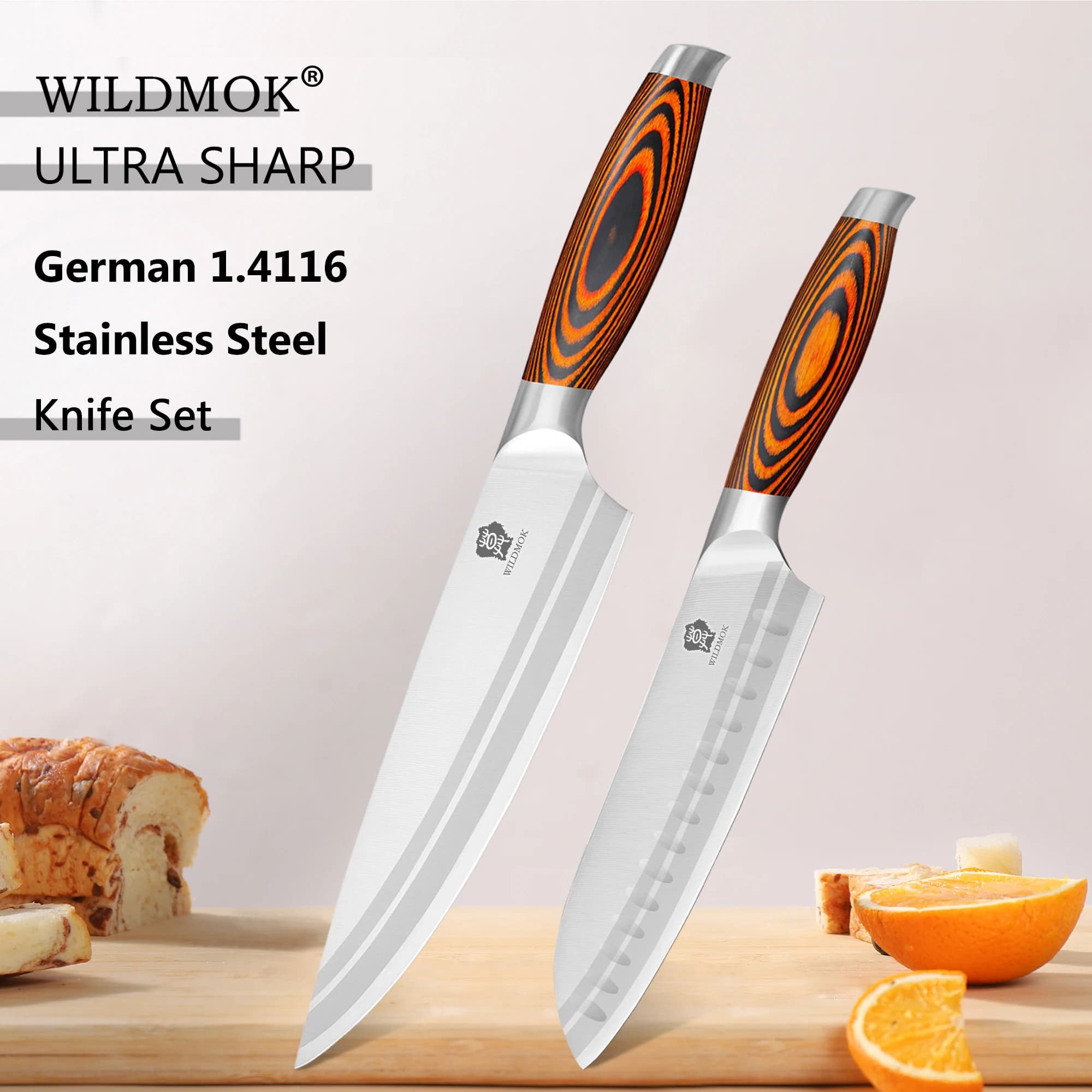 WILDMOK 2Pcs Kitchen Knife Set, 8"Chef Knife & 7"Santoku Knife Stainless Core Steel with Pakkawood Handle Cooking Knives