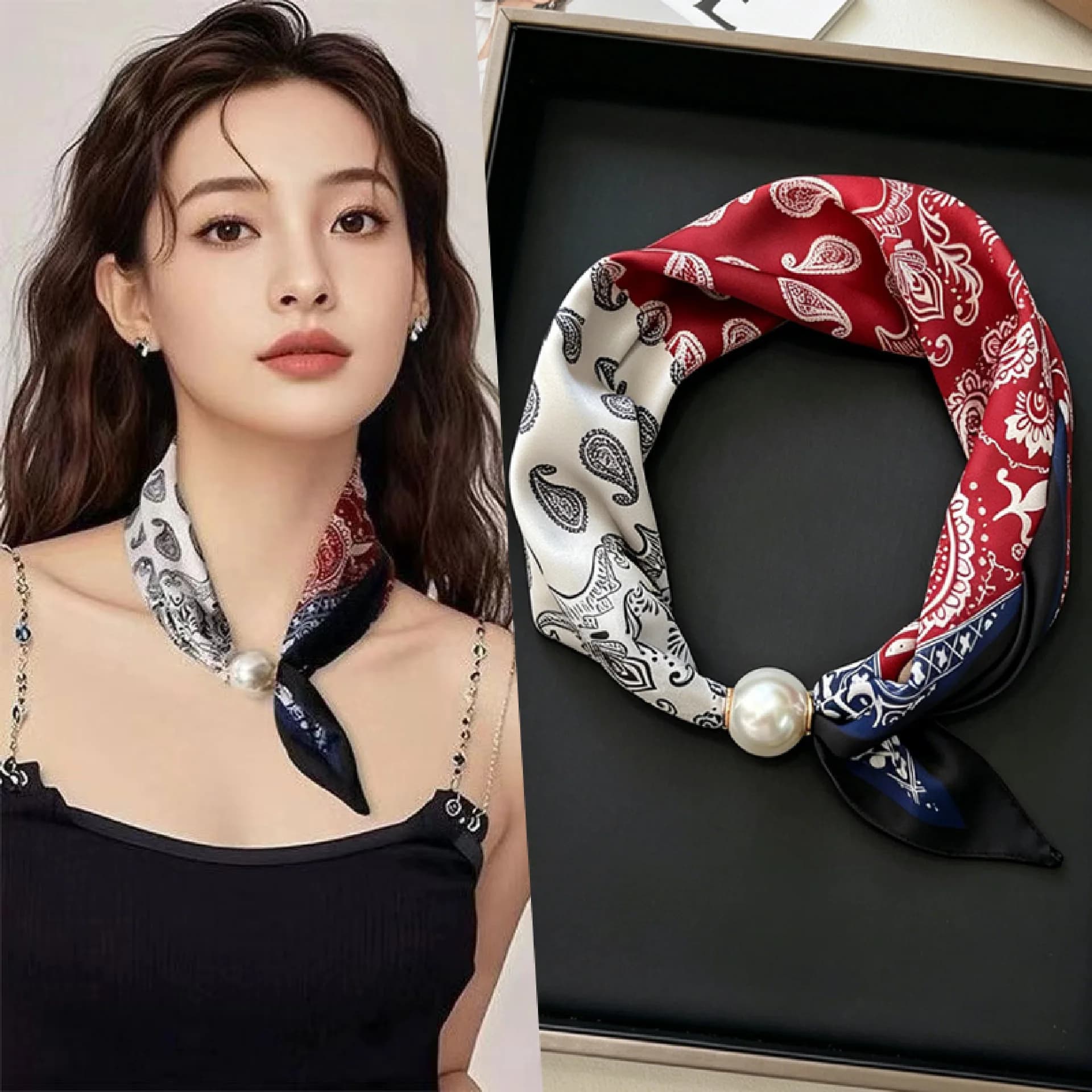 New Paisley Prints Pearl Tail Magnetic Clasp Scarf Women New Versatile Breathable Fashion Artistic Accessory Neck Wrap Scarves
