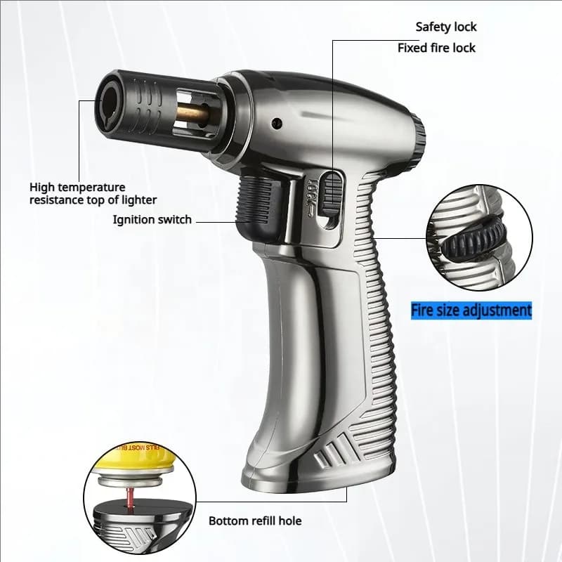 Gas lighter Creative in Metal with Blue Flame, Windproof, for Cigars, Kitchen, Camping and Barbecue