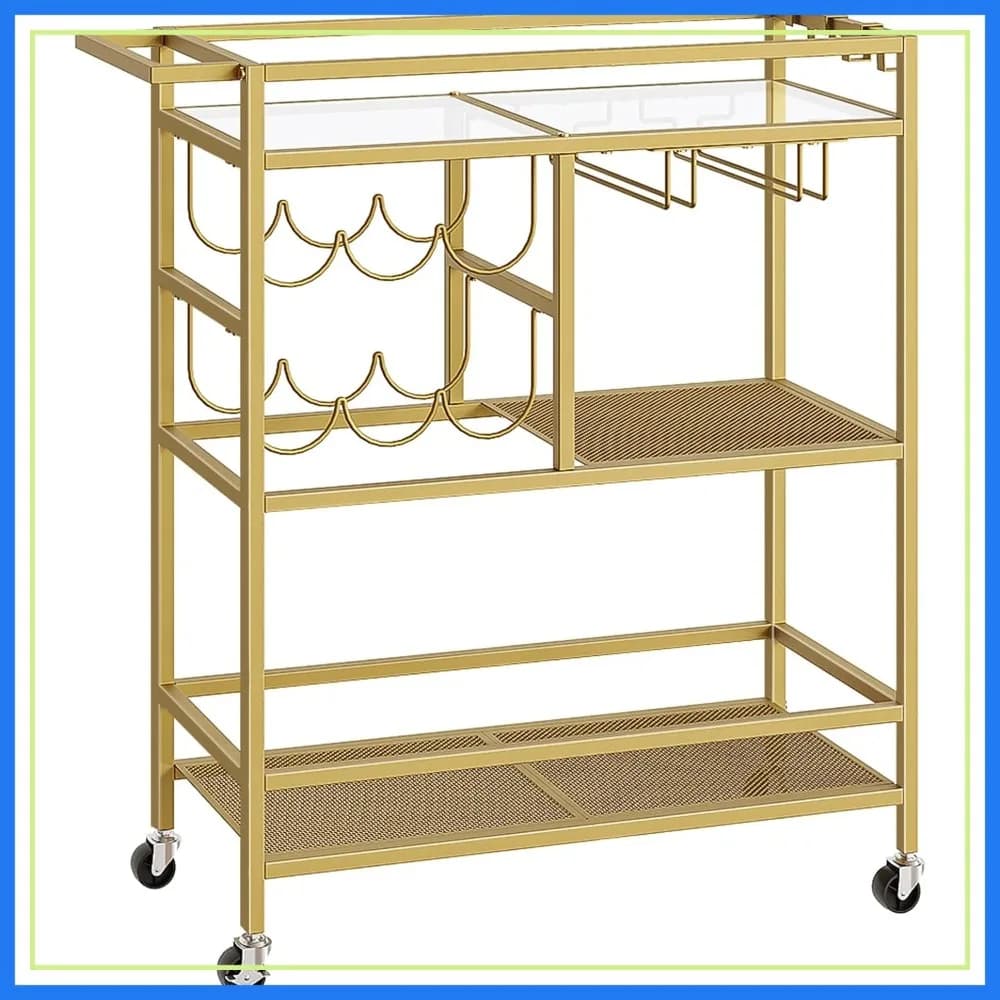 Carrello Bar a 3 Ripiani con Ruote, Portabottiglie e Portabicchieri, Carrello di Servizio Mobile per Cucina, Sala da Pranzo, Oro