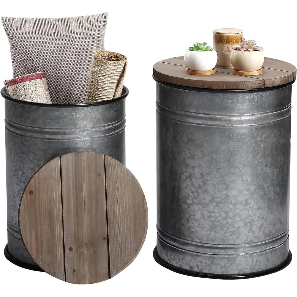 armhouse Accent Side Table, Rustic Storage Ottoman Seat Stool, Galvanized Antique Metal End Table Box Bin with Round Wood Lid, C