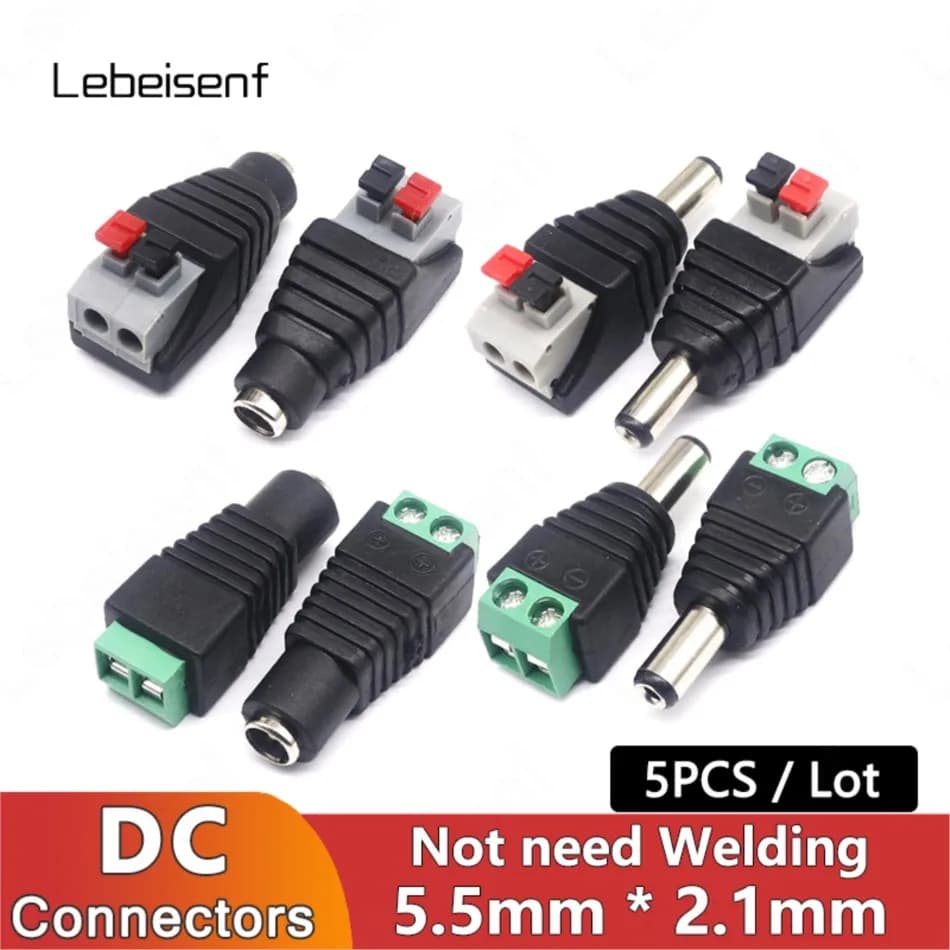 Connettore di Alimentazione DC 5.5x2.1mm Senza Saldatura, 2 Pin, Tipo a Pressione con Vite, Spina Maschio/Femmina DC per Strisce LED 3528 5050 5630 e Telecamere CCTV