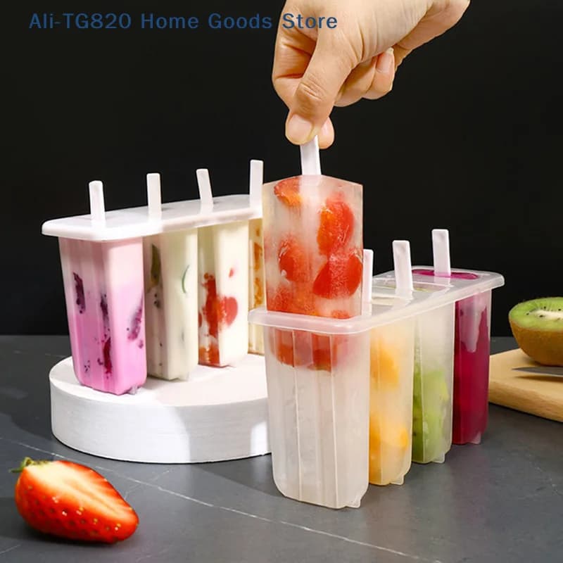 [TG820]Ice Cream Mold 4 Ice Popsicle Mold Set Ice Maker Ice Tray DIY Reusable with Sticks and Lid Creative Kitchen Tool Summer