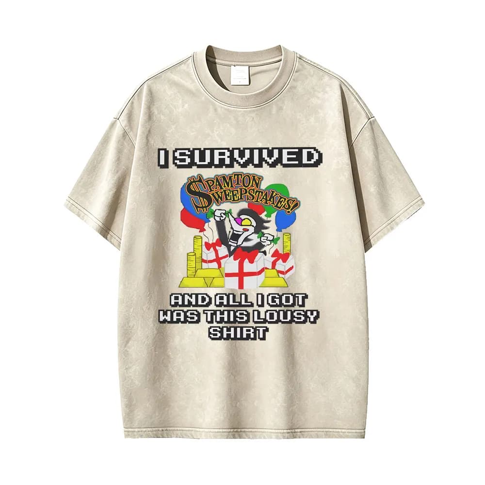 T-shirt Vintage Lavata con Meme Divertente 'Deltarune Spamton: Sopravvissi e Mi Sono Rimanuto Solo Questa Miserabile Maglietta' - T-shirt Casual da Uomo con Humor