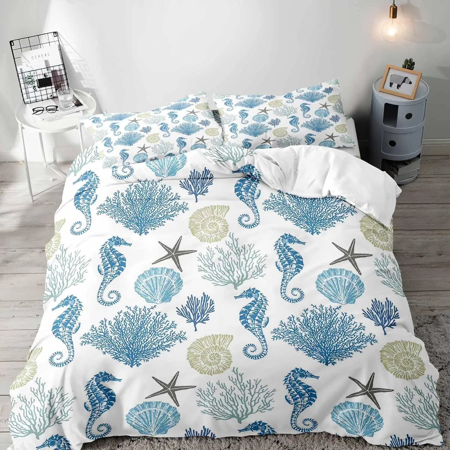 Seahorse Duvet Cover Twin King Ocean Animal Bedding Set Underwater World Marine Life Comforter Cover Sea Creature Quilt Cover