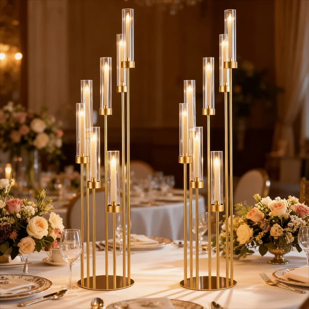 2Pcs 7 Arm Gold Candelabra Candle Holders For Wedding, 48Inch Metal Candlestick Holder With Acrylic Lampshade For Theme Party T