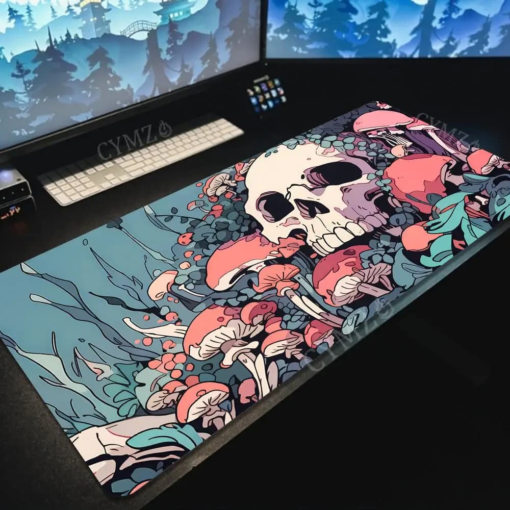 Tappetino per mouse grande Mushrooms and Skull con bordo cucito, tappetino da scrivania antiscivolo, accessori per PC, tappetini da gioco, tappeto da ufficio