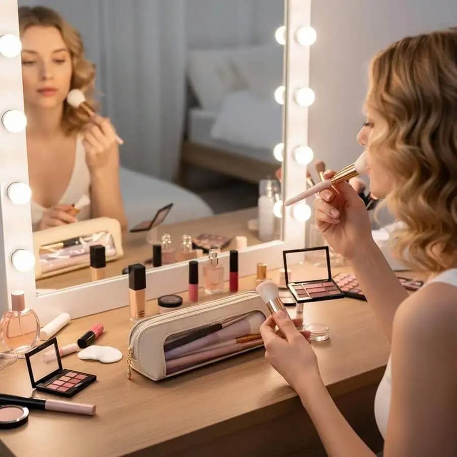 Borsa per pennelli da trucco in pelle PU trasparente con cerniera, custodia cosmetica portatile impermeabile per viaggi, casa e ufficio