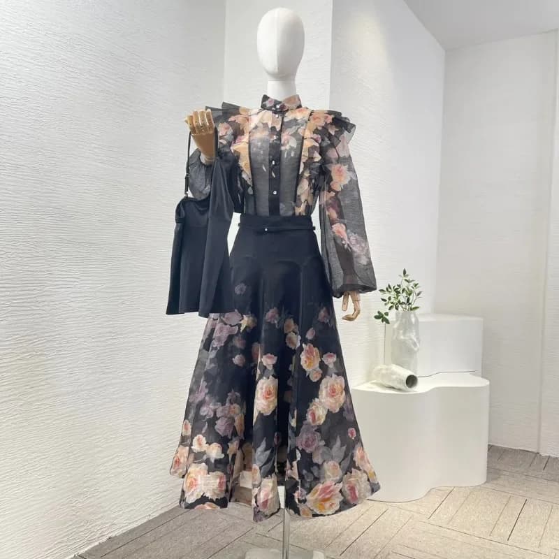Long-sleeved blouse with black floral print and silk linen midi skirt set 2025