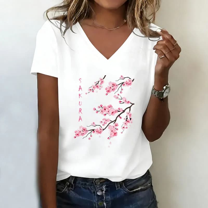 T-shirt con Scollo a V Casual Moda Y2k Stampa Fiori di Ciliegio Maglietta Donna Manica Corta Scollo a V Estiva Primaverile