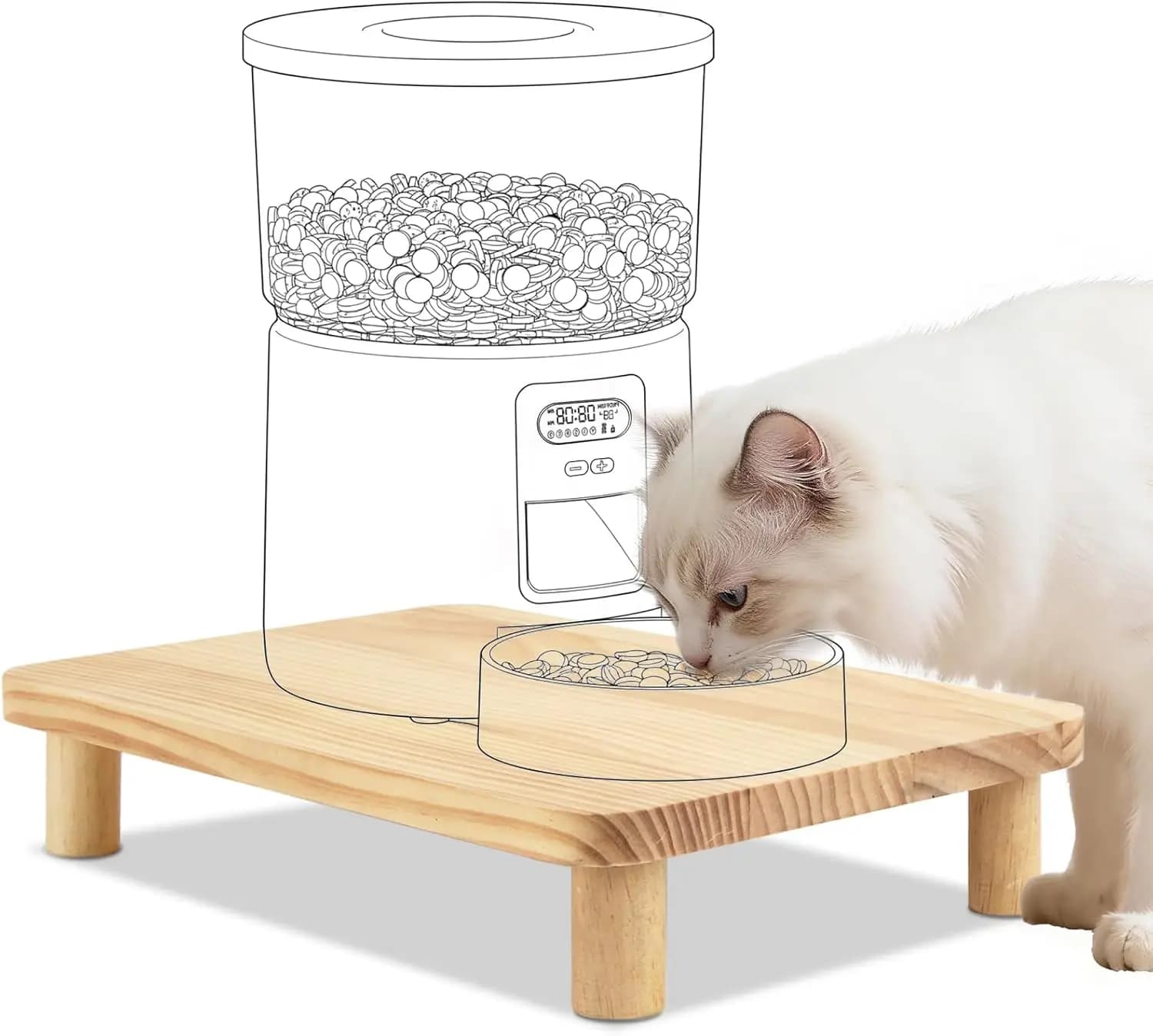 Supporto Rialzato per Cibo Gatti per Dispenser Automatico e Ciotole, Sollevamento di 6 cm, Materiale in Legno Massello, Allevia la Spina Dorsale e le Articolazioni dell'Animale Domestico