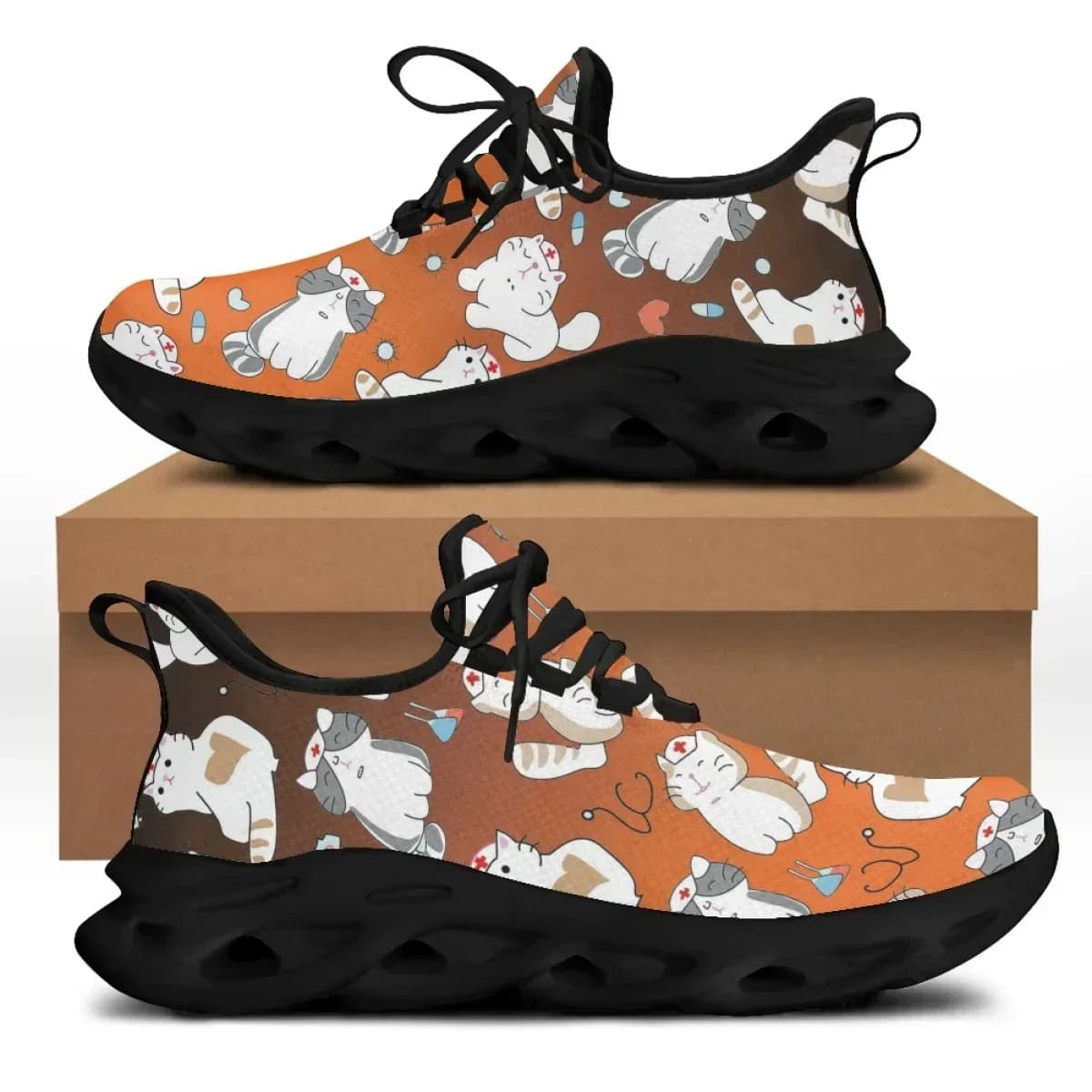 Cute Cat And Medical Tools Cartoon Female Flat Shoes ECG Cats With Mask Printed Women Mesh Sneakers Free Athletic Shoes