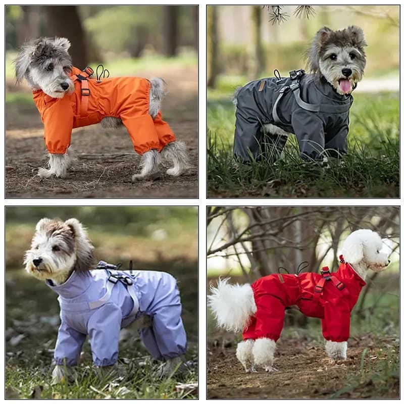 Waterproof Four Legged Dog Rain Overalls With Harness Hole Adjustable Reflective Rain Jacket Pet Clothes For Small Dogs