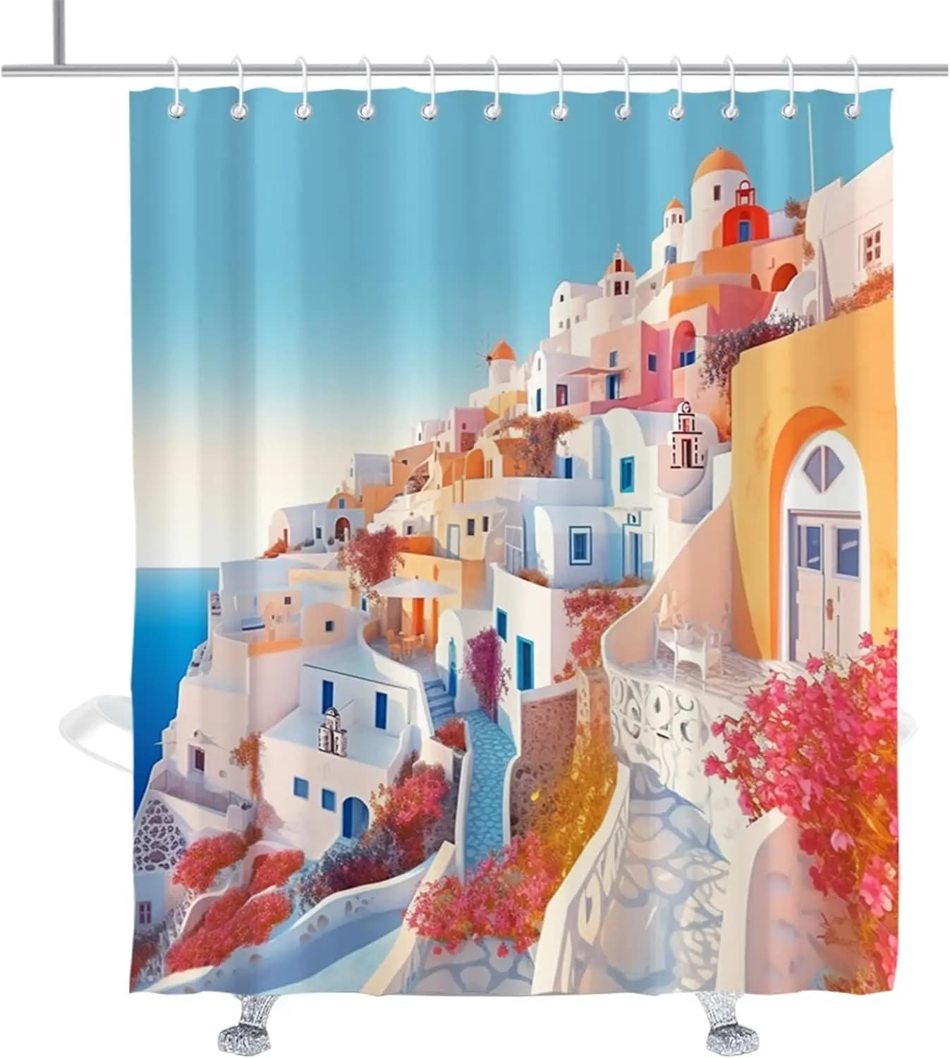 Tenda da doccia con paesaggio urbano europeo, architettura costiera, edifici bianchi e blu, set decorativo per bagno con ganci