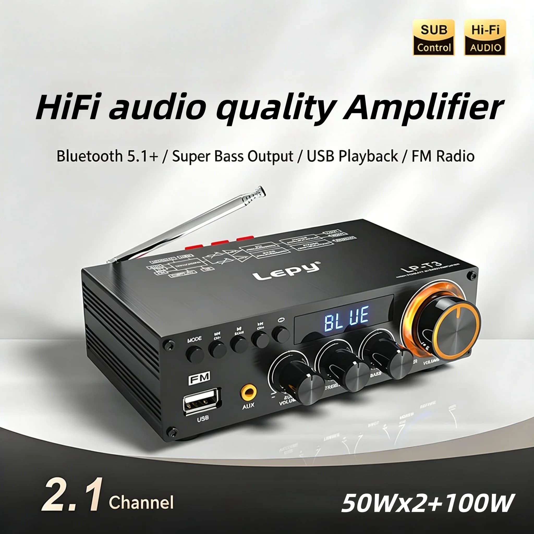 Amplificatore Lepy-T3 ad alta potenza, audio HiFi, 2.1 canali, Bluetooth 5.1+ Coassiale 50W×2+100W con Subwoofer per Casa/Auto, USB, SUB, FM