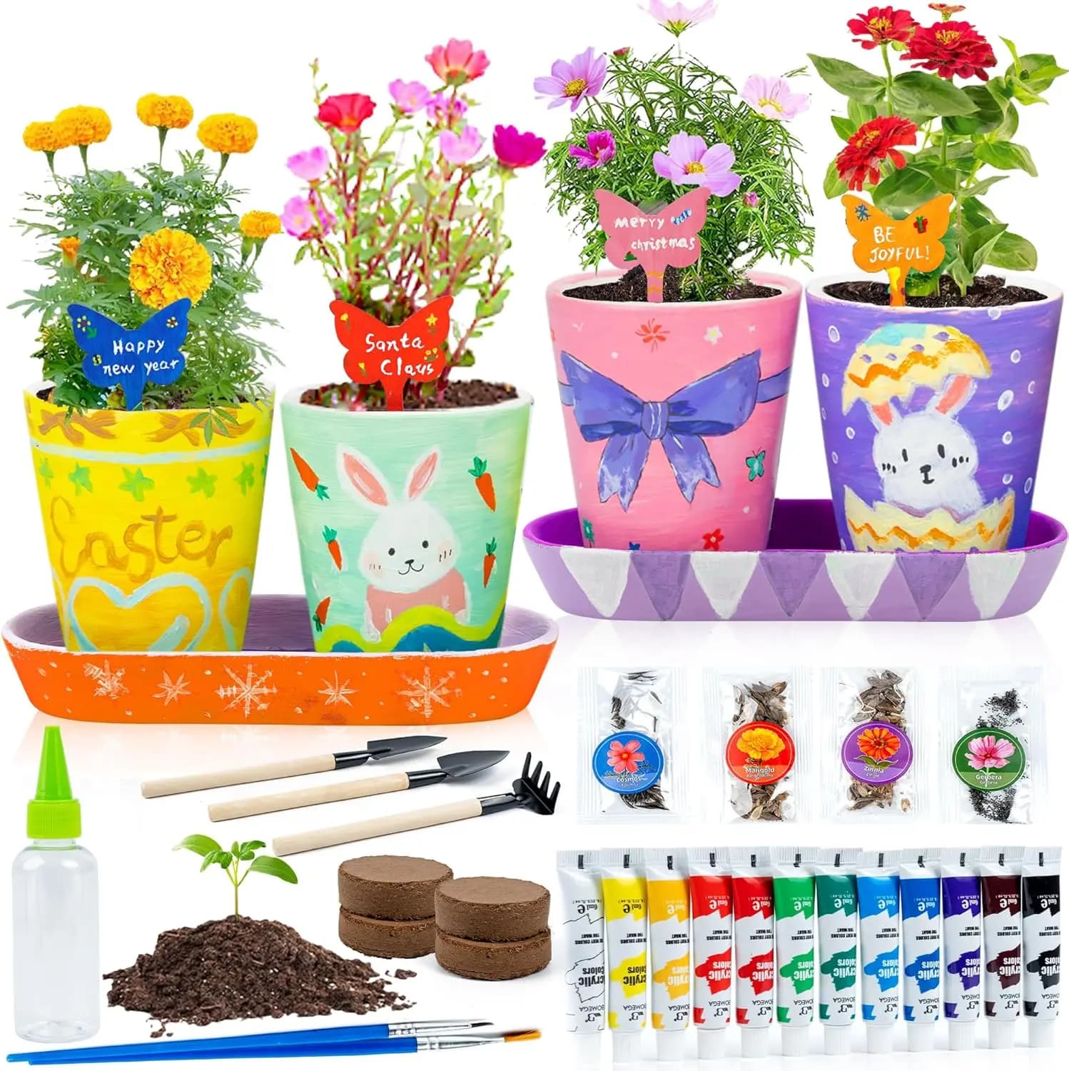 Gardening Set for Children with Painting and Kit of Ceramic Flowers, 4 Vases for Art and Crafts, for Children from 5 to 12 years, Best Gift