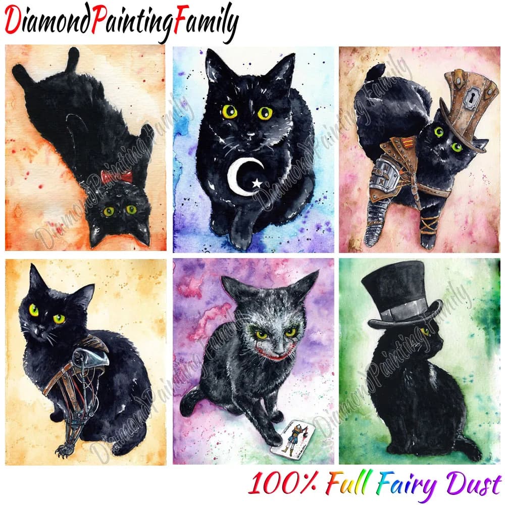 Diamond Painting Family Full Fairy Dust Crystal Resin Diamond Arts Black Gentle Cat AB Drill Embroidery Set Mosaic Painting Kits