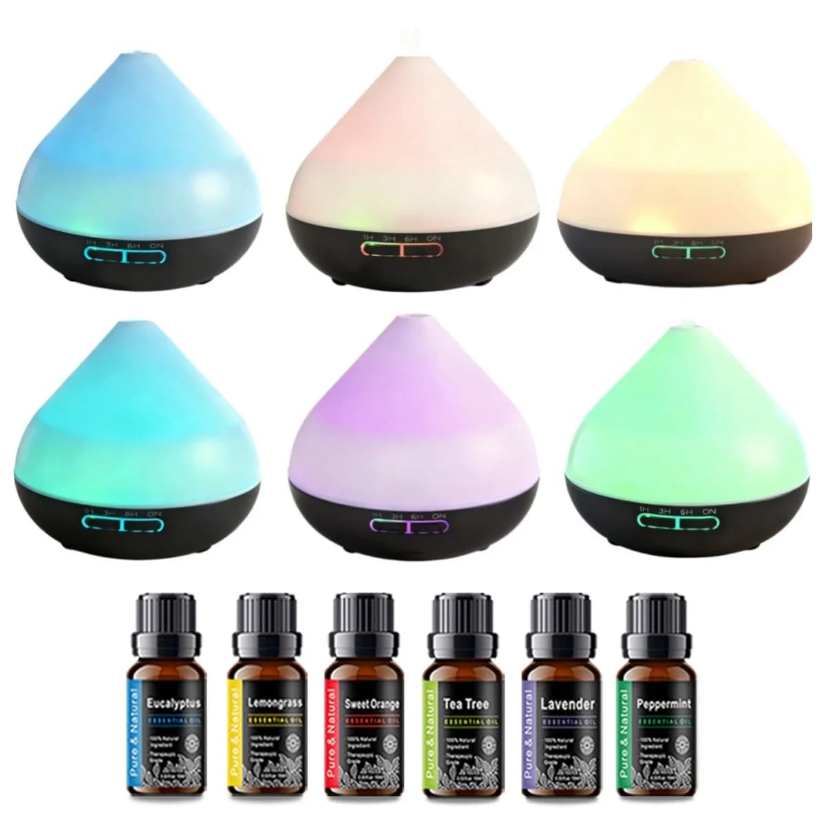 Umidificatore ad ultrasuoni da 500 ml, diffusore di oli essenziali per aromaterapia, luci notturne a LED con 6 oli per casa, ufficio, yoga