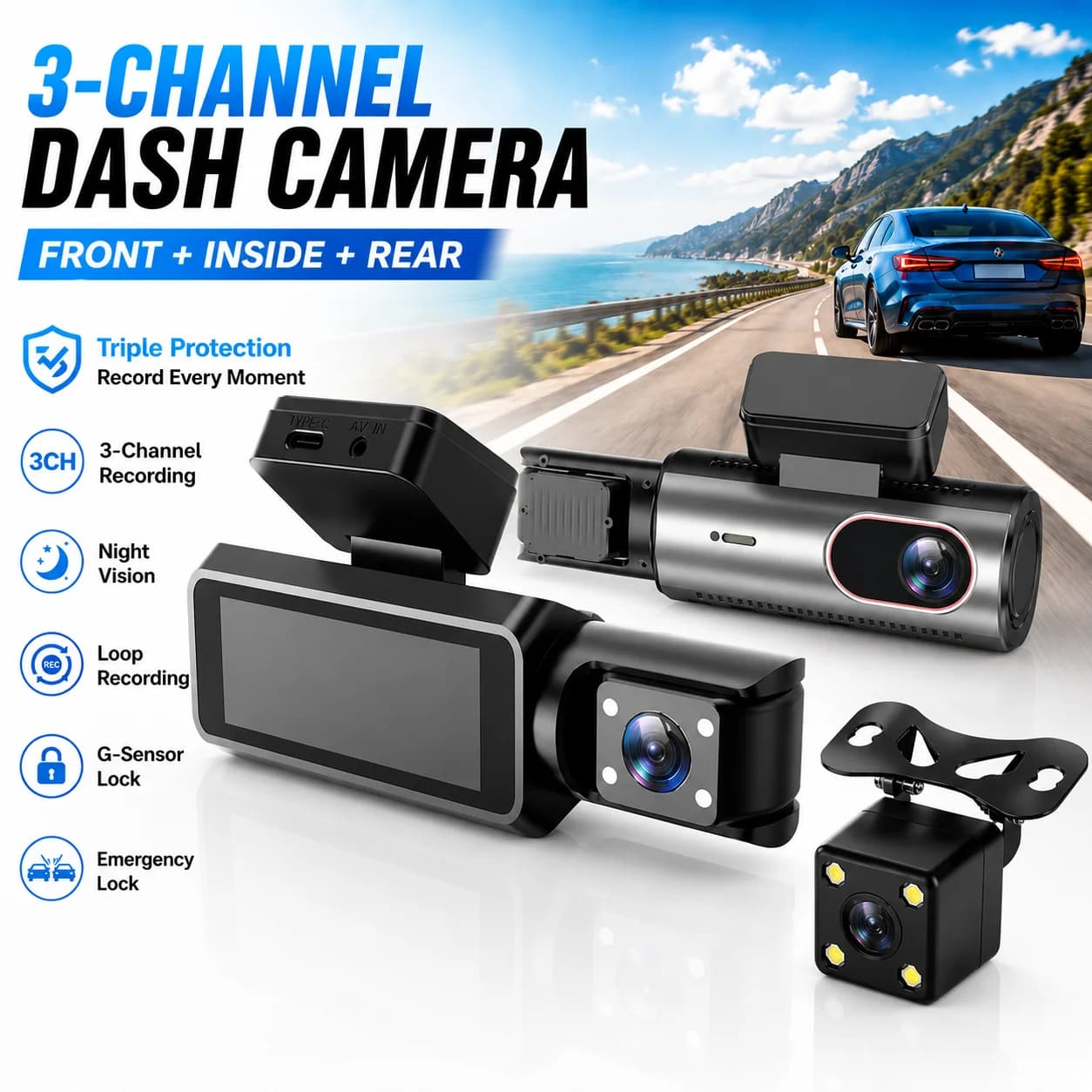 Car Dvr Dash Cam 1080P 3Lens Front Inside Rear WiFi Video Recorder 170 Wide Angle Night Vision G-Sensor Car Camera Black Box