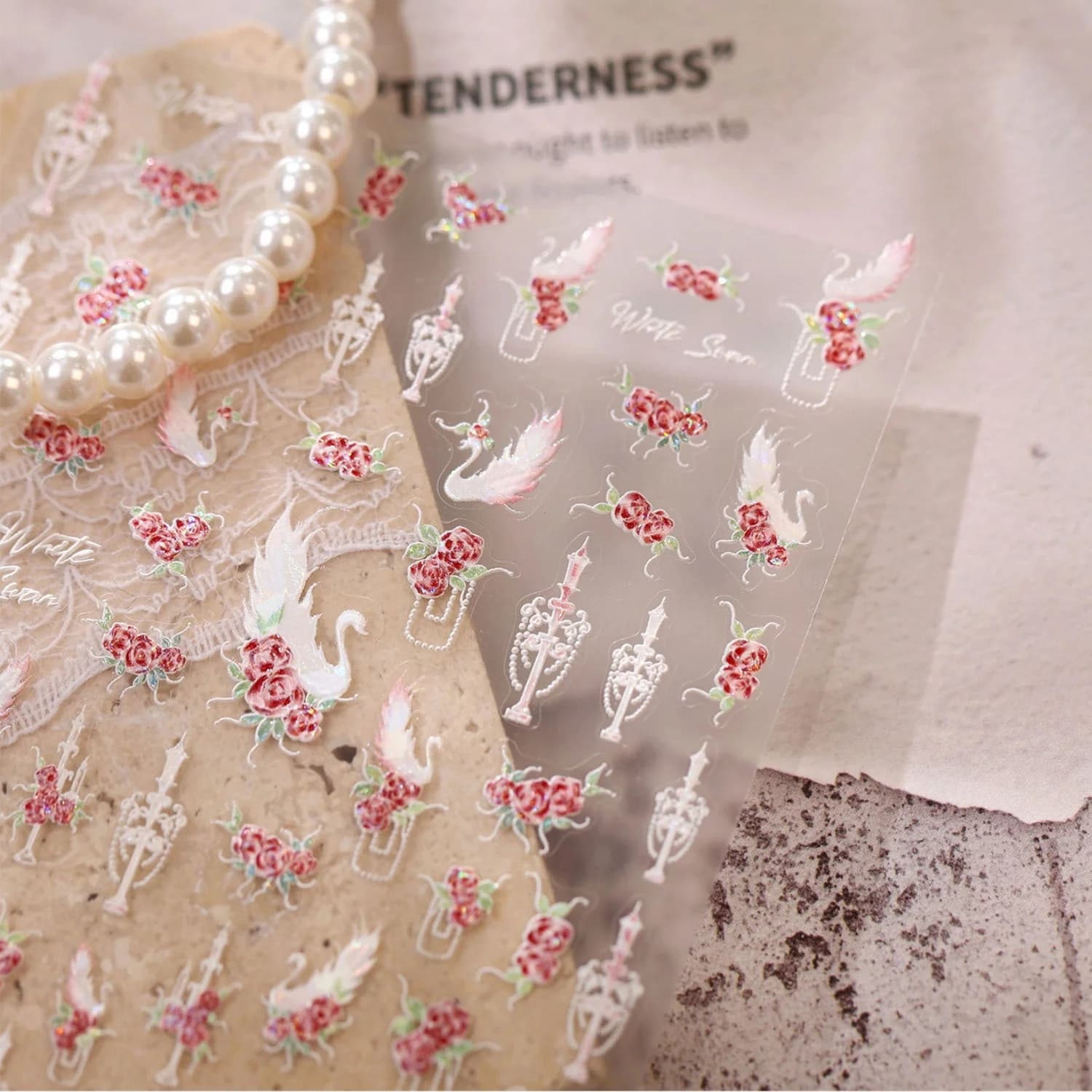 Retro Floral Swan 5D Embossed Red Rose Branch 5D Nail Stickers White Swan Cutout Candle Holder Classic French Lace Nail Decals