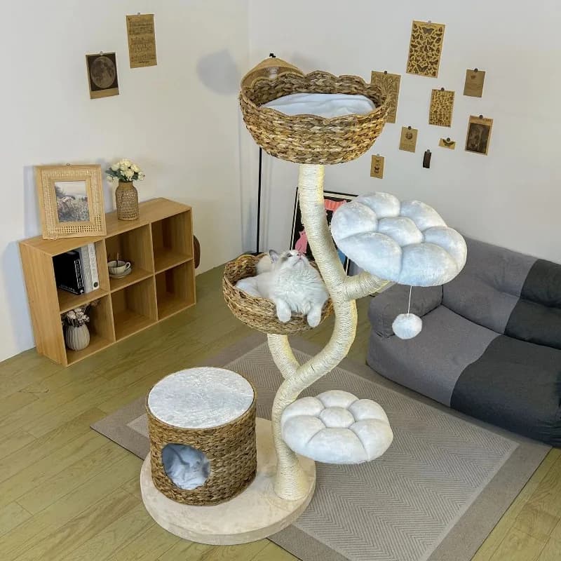 Nido in legno per albero per gatti da interni di lusso tridimensionale grande intrecciato a mano e struttura da arrampicata Materiale in sisal naturale integrato