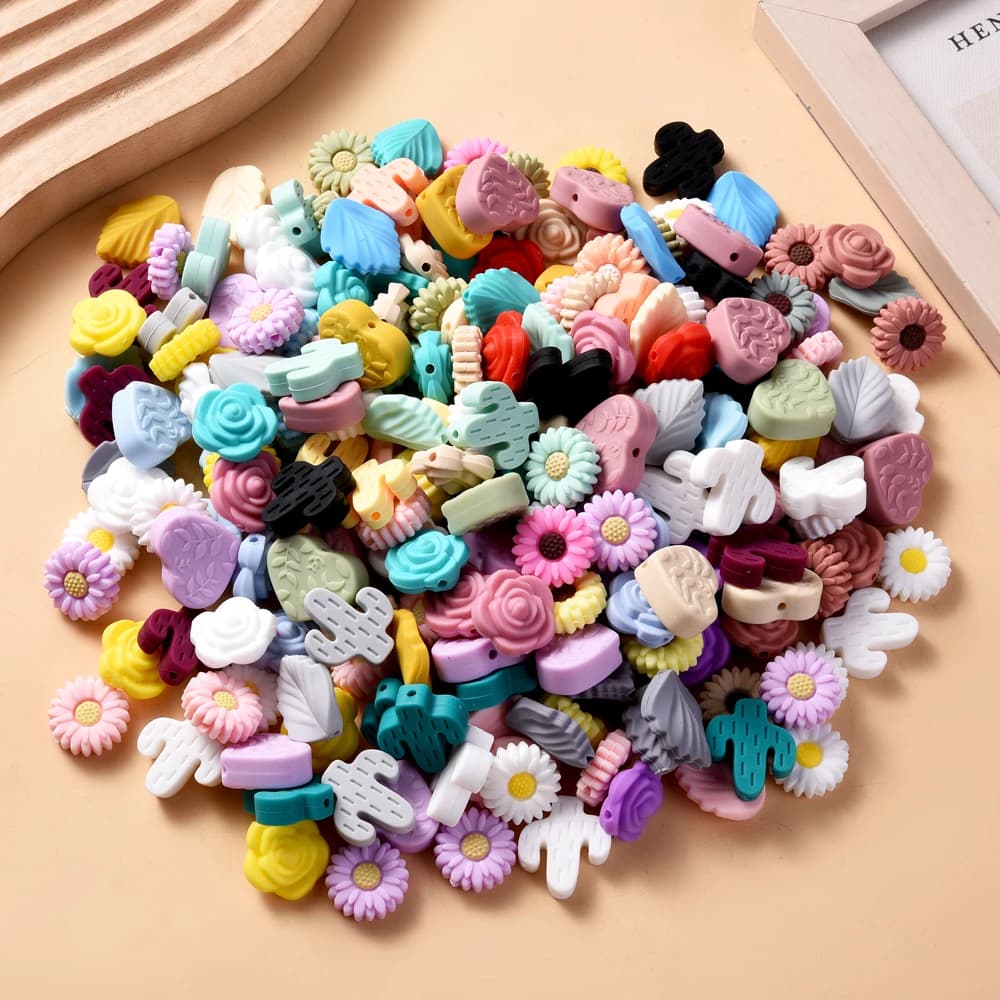 Set di 7 Perline in Silicone a Forma di Margherita/Fiore/Foglia/Fiocco per Creazione di Gioielli, Clip per Ciuccio, Catene e Accessori