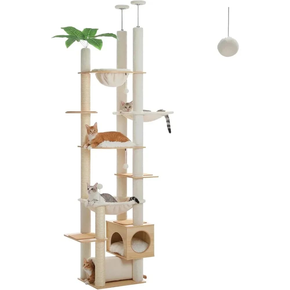 PEQULTI Albero per Gatti da Pavimento a Soffitto, Altezza Regolabile 93.3''-100.8'', Torre per Gatti in Legno, Casa Alta per Arrampicarsi e Giocare con Tiragraffi