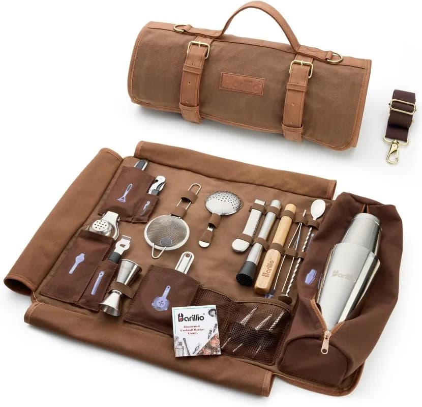 Borsa per kit da barista con set shaker per cocktail - Tela cerata, borsa per attrezzi da bar da viaggio con kit da cocktail da 17 pezzi - Mixologia da viaggio