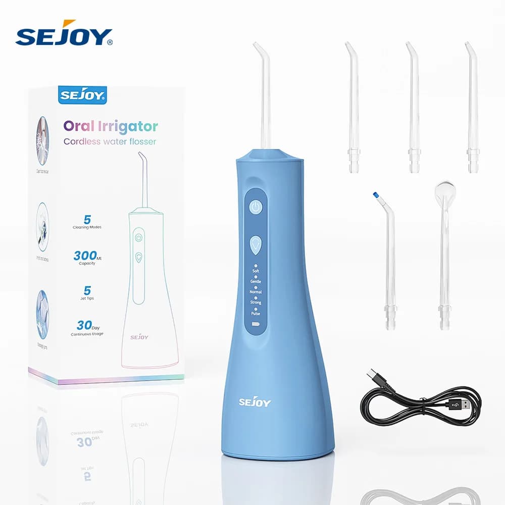 Sejoy Electric Waterdropper, Portable Rechargeable Oral Sprinkler, 5 Modes, 300ML Water Tank, Waterproof Dental Cleaner