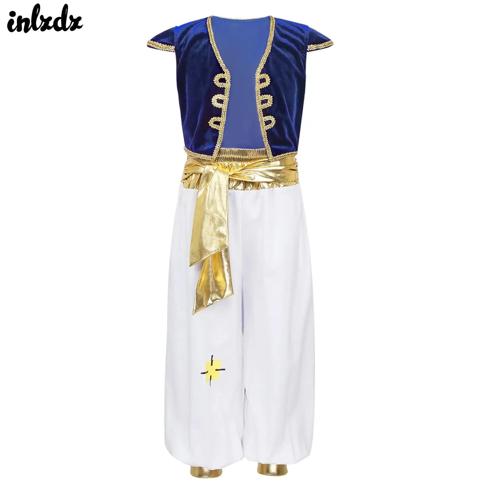 Children Boys Persian Arabian Prince Kings Carnival Cosplay Theme Party Costume Arab Prince Vest Waistcoat with Harem Long Pants