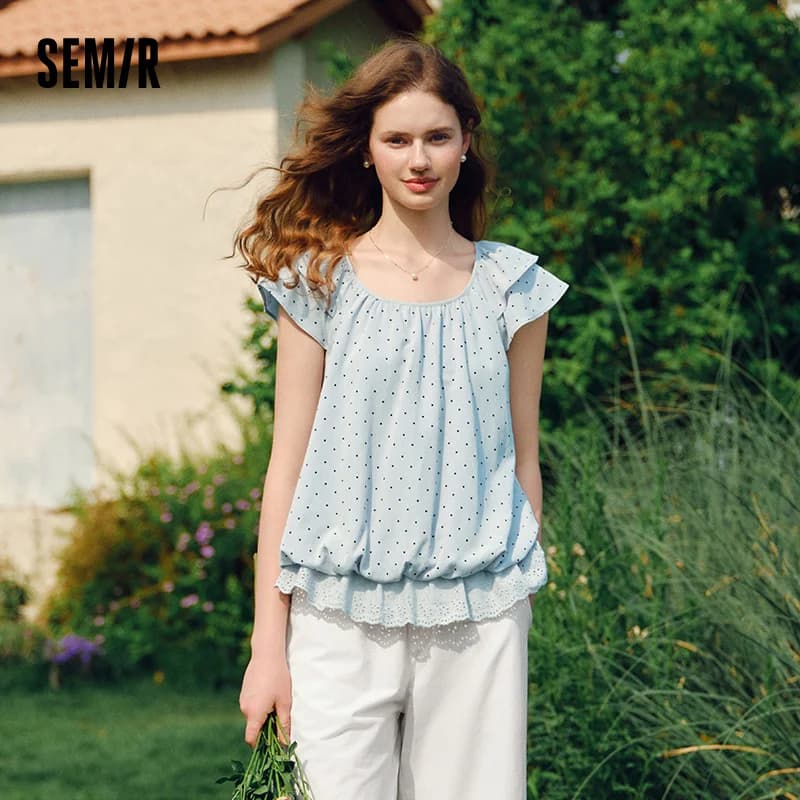 Women's Court Semir Sleeve Blusa, Top Corto con Scollo a U, Design con Ricamo a Pois, Nuova Collezione Estate 2025, Top con Maniche di Palloncino