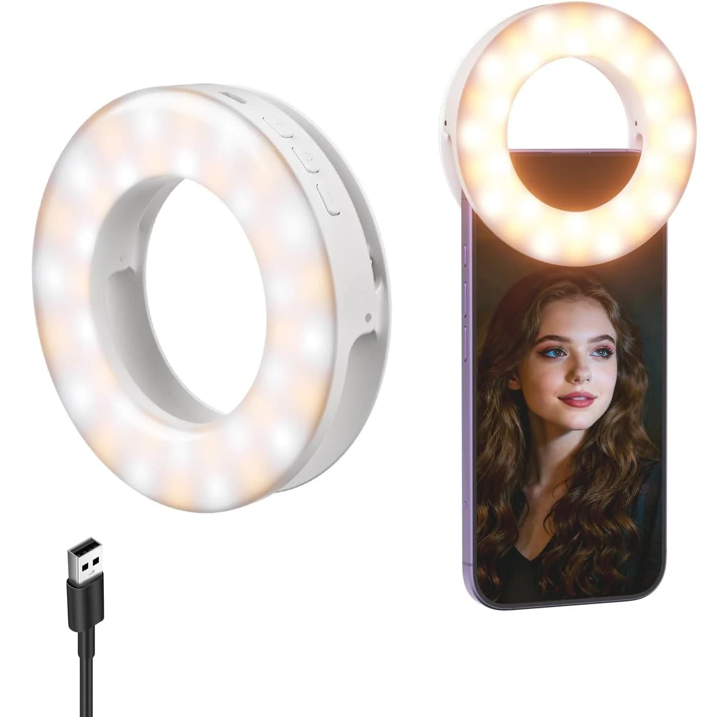 Anello luminoso da 3,74 pollici per selfie, compatibile con iPhone, 1W con 48 LED, luce di riempimento portatile ricaricabile con clip, adatta per la registrazione di vlog, laptop, webcam, videoconferenze, ecc. Luce ad anello LED per selfie