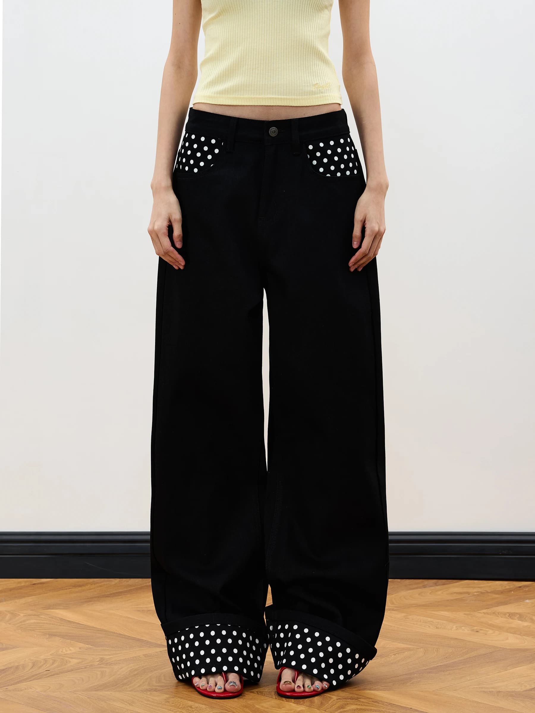 Black Polka Dot Straight Leg Jeans American Retro Cuffed Design Men's Women's Sexy Straight Pants Junecut Ladies Premium Denim