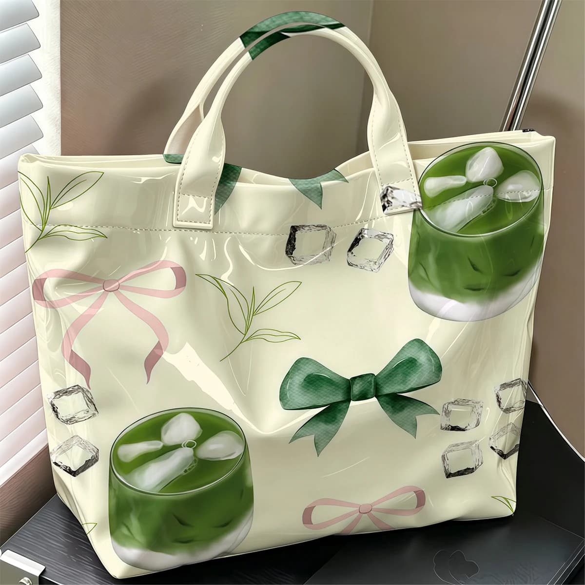 Cream Base Matcha Hot Sale Large Glossy PVC Tote Bag Hand Washable Waterproof Great for Travel Commute Makeup Storage Handbags