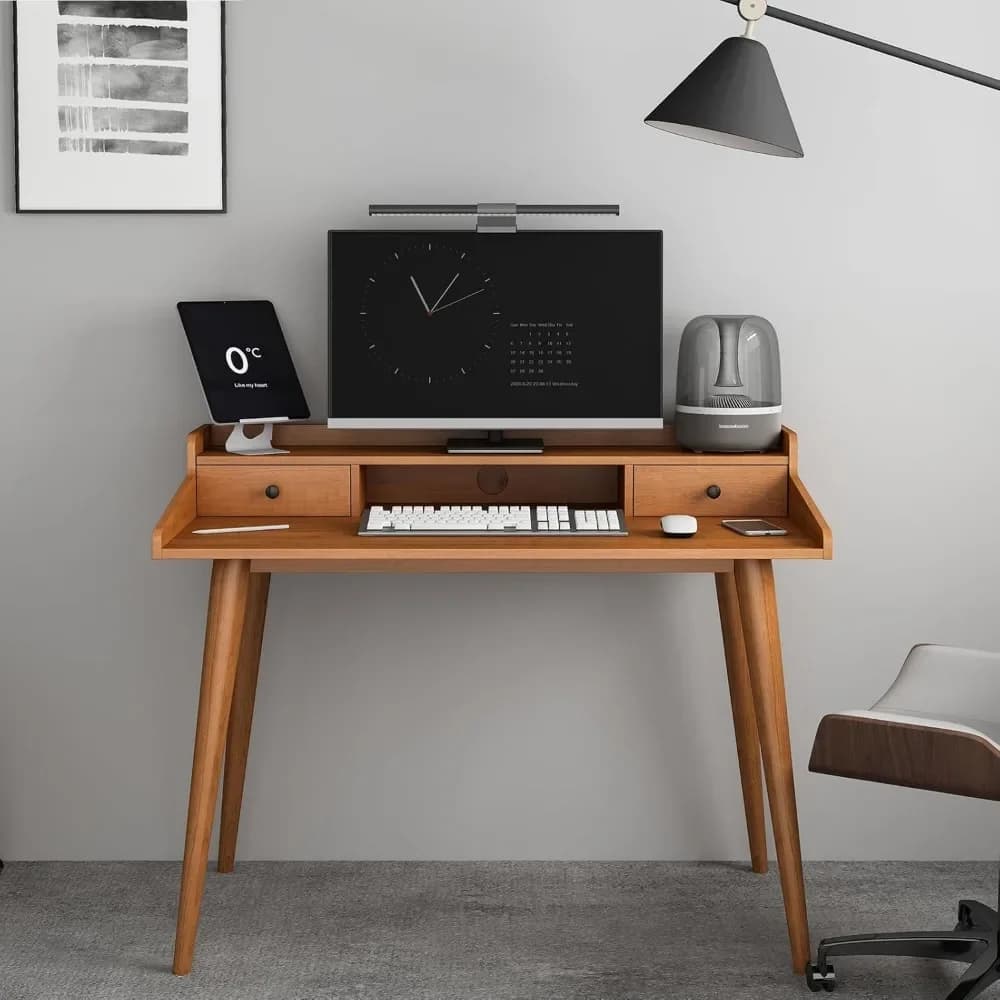 Premium computer desk with drawers, monitor and open storage cabinet