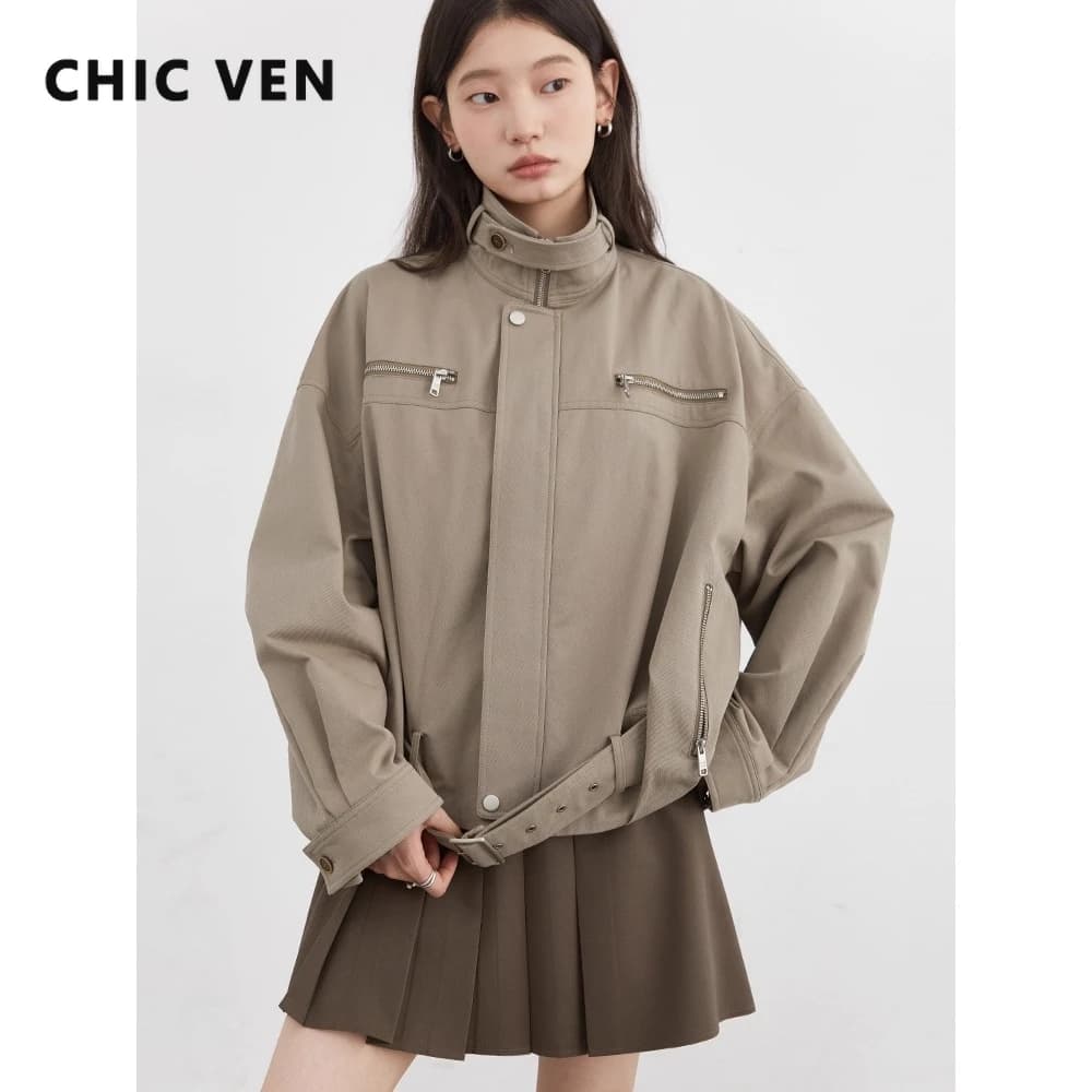 CHIC VEN Fashion Women Jackets Streetwear Casual Solid Retro Stand Up Collar Short Coat Girl Top Autumn Winter 2025