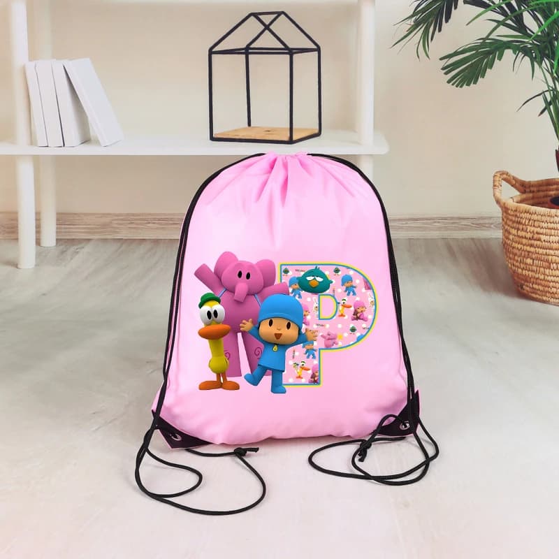 Simpatica borsa portaoggetti con coulisse con lettere dalla A alla Z di Pocoyo, stampa cartone animato, zaino leggero per sport all'aperto, custodia pieghevole per oggetti vari