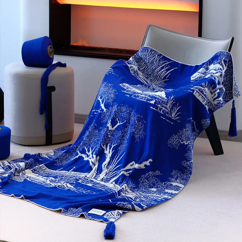 Coperta per divano blu in puro cotone stile etnico Coperta lavorata a maglia per pisolino per soggiorno camera da letto Copridivano per bambini adulti per tutte le stagioni