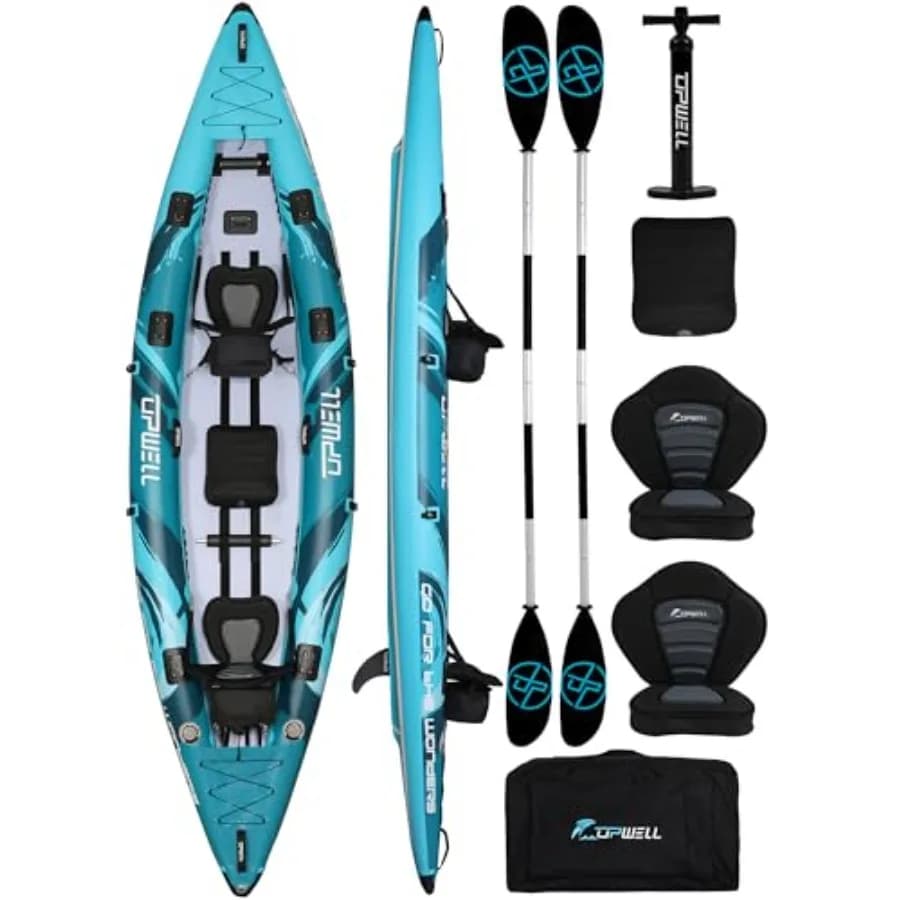 Kayak Gonfiabile 11'14'6 con Fondo in Drop Stitch Blu e Grigio, Include Sedile con Cuscino Spesso, Pagaia, Pinna e Kit di Riparazione
