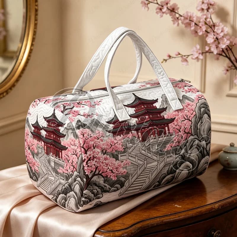 Cartoon Cherry Blossom Pagoda and Rockery Print Handbag for Travel 2D Flat Quilted Women Duffle Totes Shoes Holder Shoulder Bags