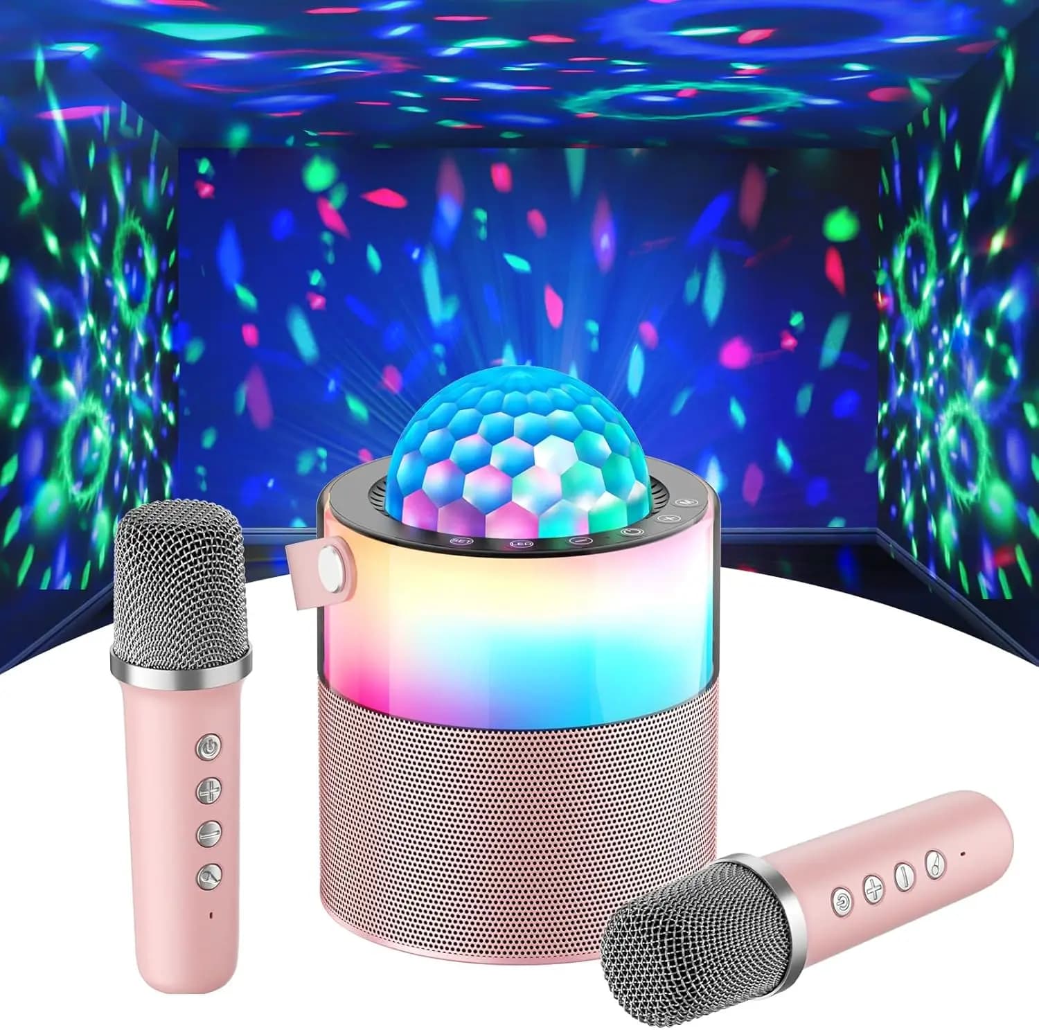 Macchina per Karaoke Portatile con Luci LED Disco e Microfoni Wireless, Regalo Divertente per Bambini e Feste in Famiglia