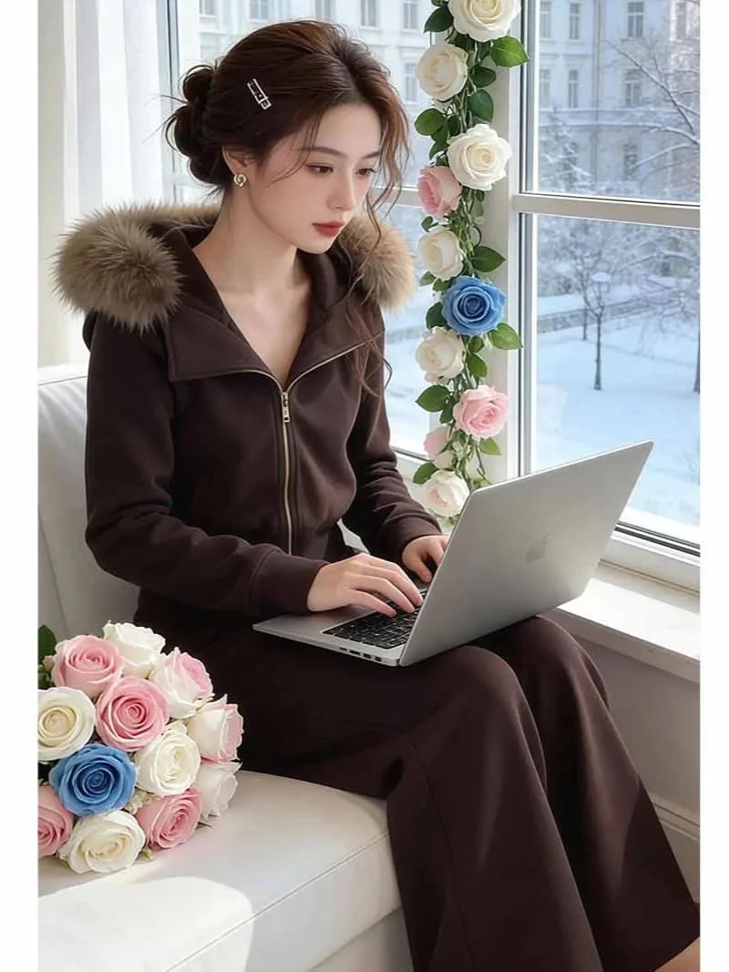 Women's Casual Fleece Lined Hooded Jacket And Pants Two Piece Set Korean Style Winter New Fashion with Fur Collar