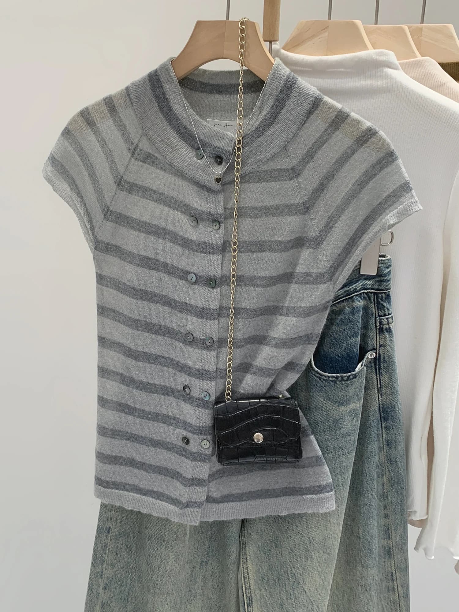 Unique Beautiful Women's Knitted Button up Striped T-Shirt Slim Fit Color Block Style Korean Fashion Short Sleeve Top
