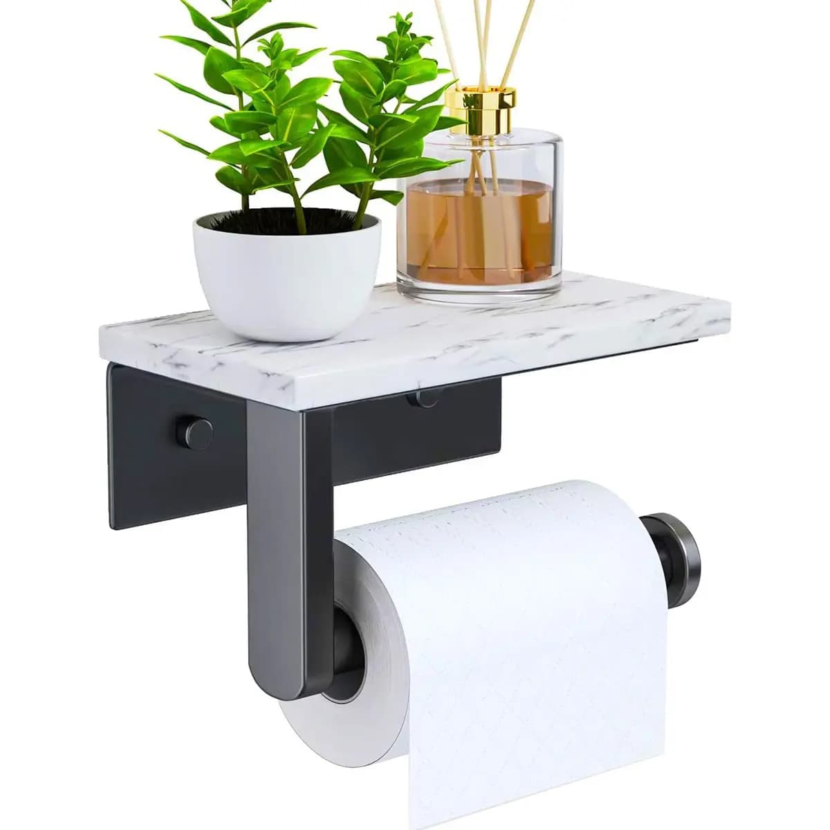 A24I Porta carta igienica in marmo con ripiano Porta rotolo di carta igienica Supporto da parete per mobiletto da bagno decorativo, Nero