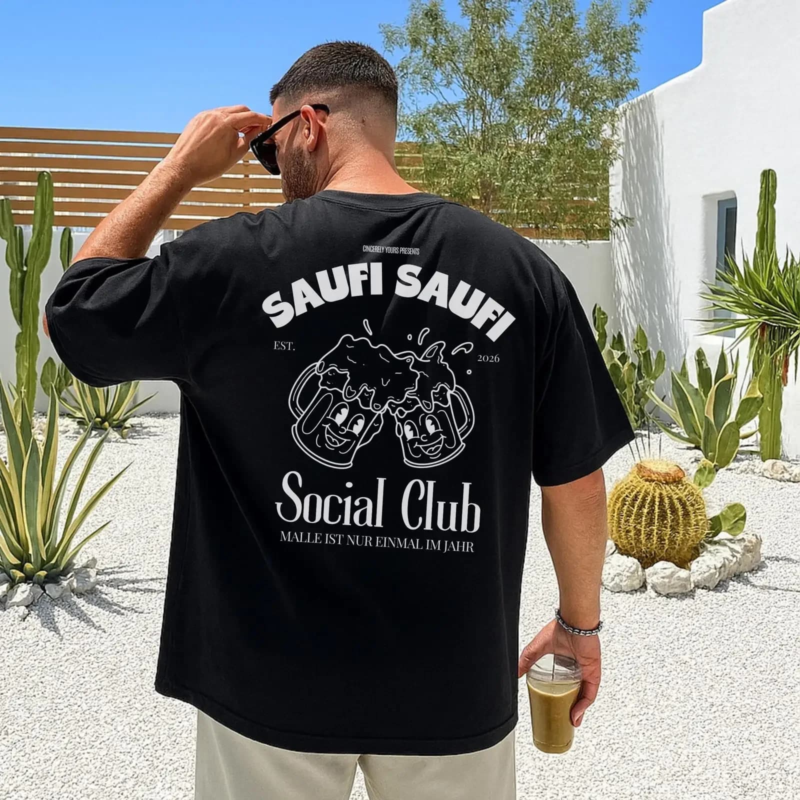 Men's Saufi Social Club Beer Mug T Shirt Mallorca Drinking Party Crew Holiday Back Print Casual vintage Washed streetwear