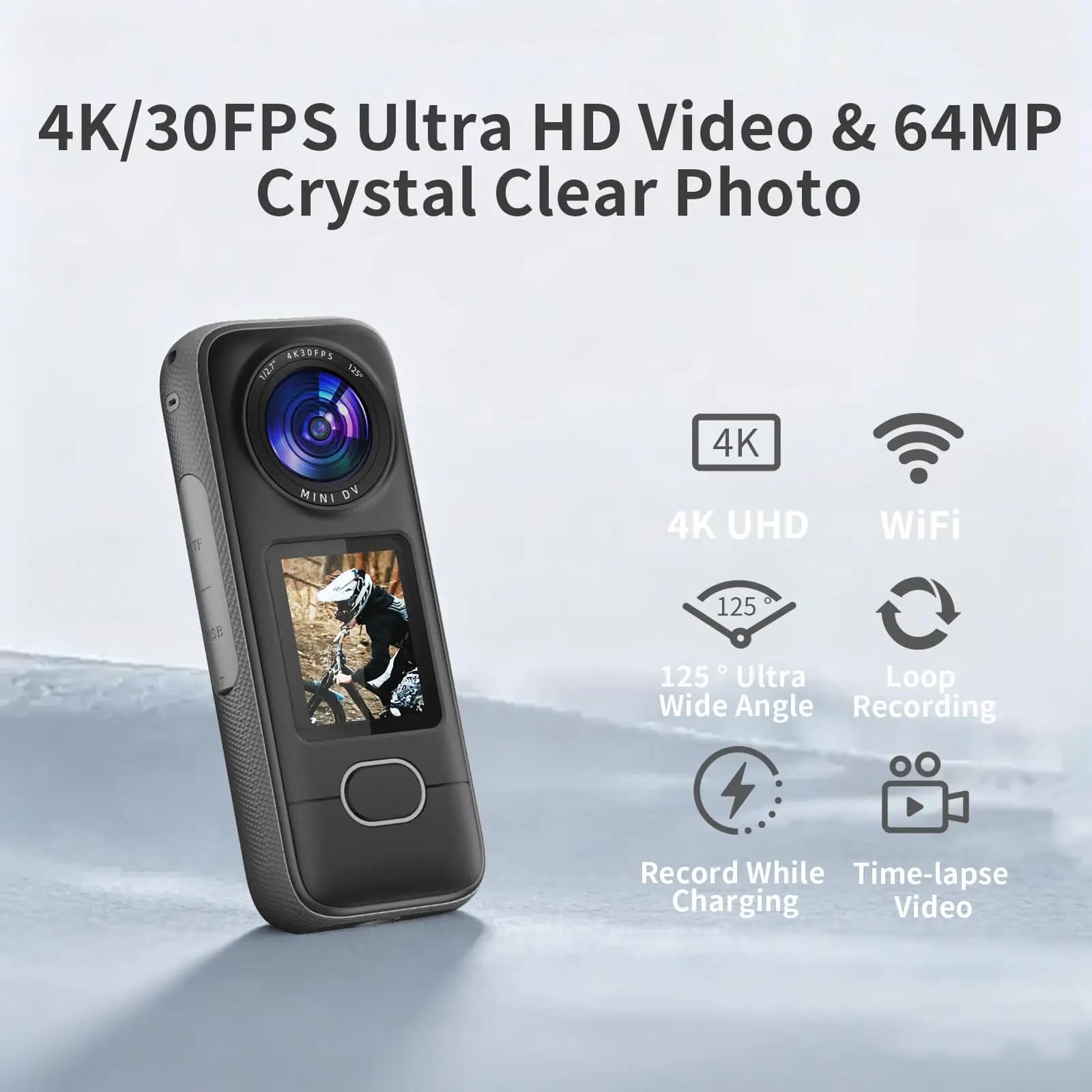 Action Camera 4K WiFi Impermeabile IPX6, Batteria 3.5H Ricarica Rapida, Foto Ultra HD, Schermo Touch 1.4", Videocamera per Vlog e Casco con 12 Accessori